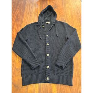 Nohow Men's Dark Blue Button Front Knit Hooded Cardigan Sweater Medium